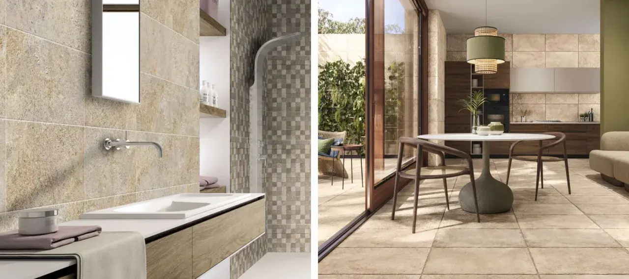 Salle de bain et cuisine modernes avec carrelage au sol et mural. L'épaisseur du carrelage est subtile, créant une finition élégante.