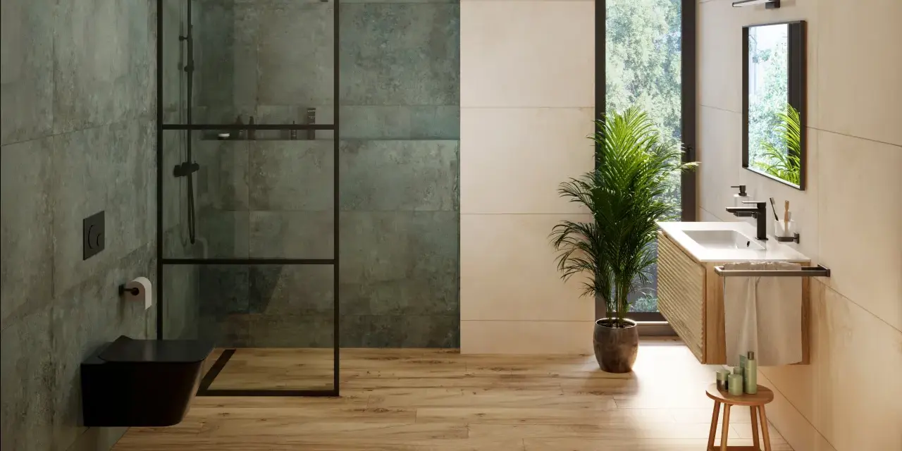 Salle de bain moderne avec une douche atypique aux murs texturés, un WC suspendu noir et un meuble vasque en bois.