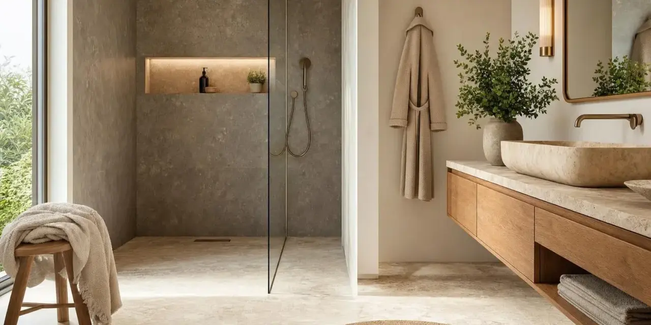 Élégante salle de bain en travertin avec douche à l'italienne, lavabo en pierre naturelle et peignoir suspendu.