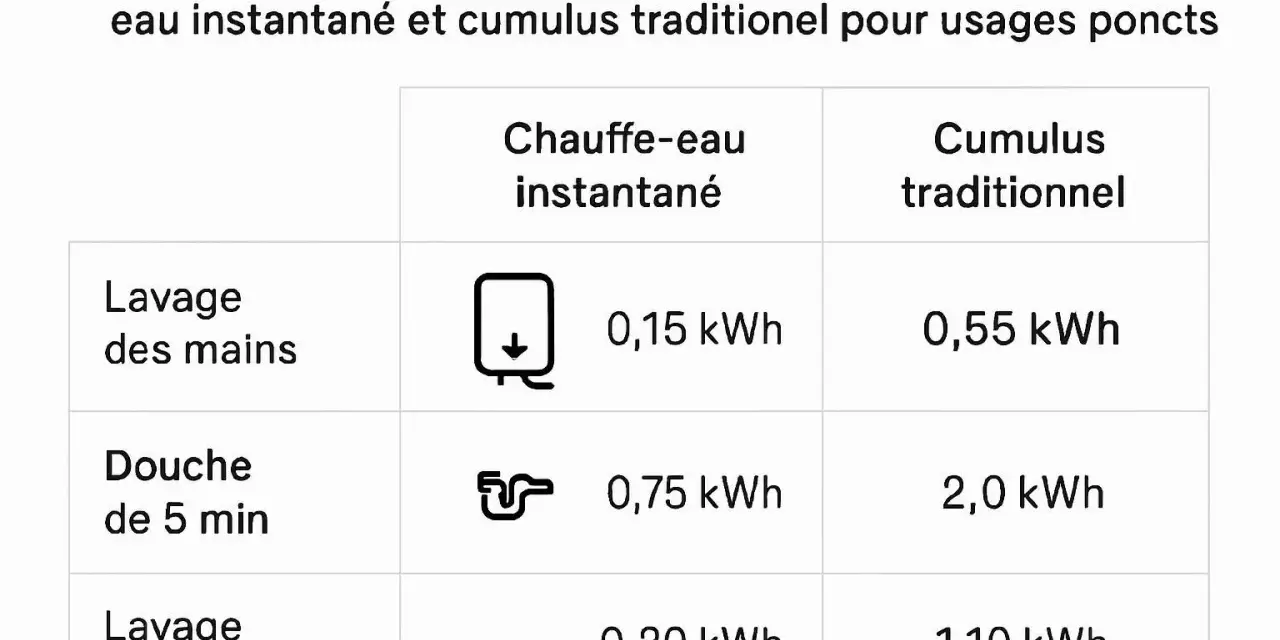Tableau comparatif de consommation d'eau chaude. La puissance du chauffe-eau instantané est bien inférieure à celle du cumulus traditionnel pour le lavage des mains, la douche et la vaisselle.