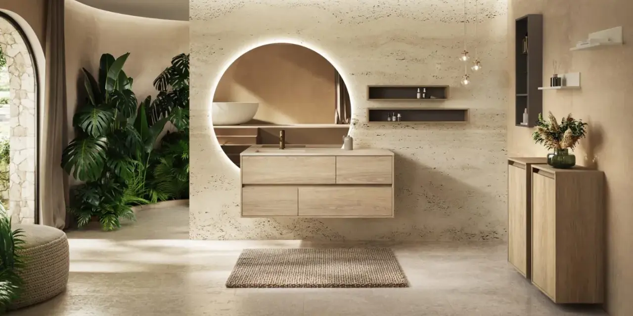 Une **salle de bain chic et cosy** avec un meuble vasque en bois clair, un grand miroir rond lumineux, des plantes luxuriantes et une ambiance apaisante.