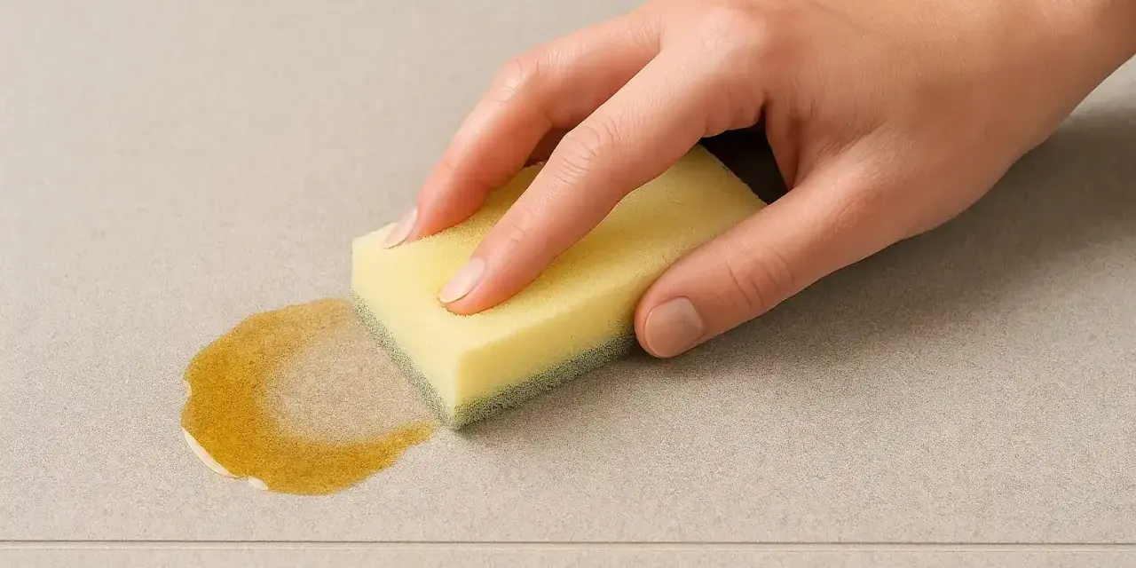 Main tenant une éponge jaune pour nettoyer une tache sur du carrelage. L'acétone peut être utile pour certaines taches tenaces sur le carrelage.
