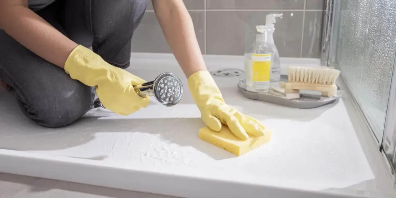 Une personne en gants jaunes nettoie un bac de douche en résine avec une éponge et une douchette.