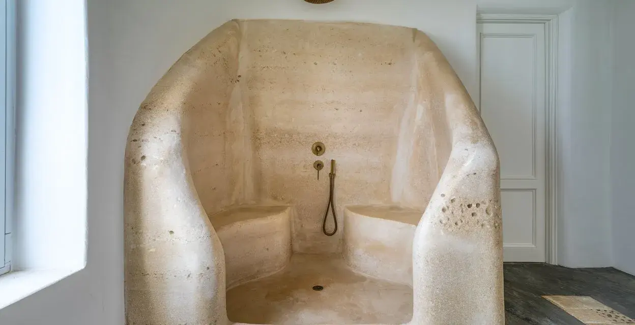 Douche à l'italienne en résine sculptée, avec bancs intégrés. Un inconvénient : le nettoyage peut être délicat.