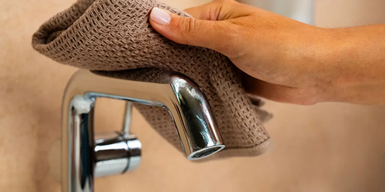 Main d'une femme nettoyant un mitigeur de douche avec un tissu marron.