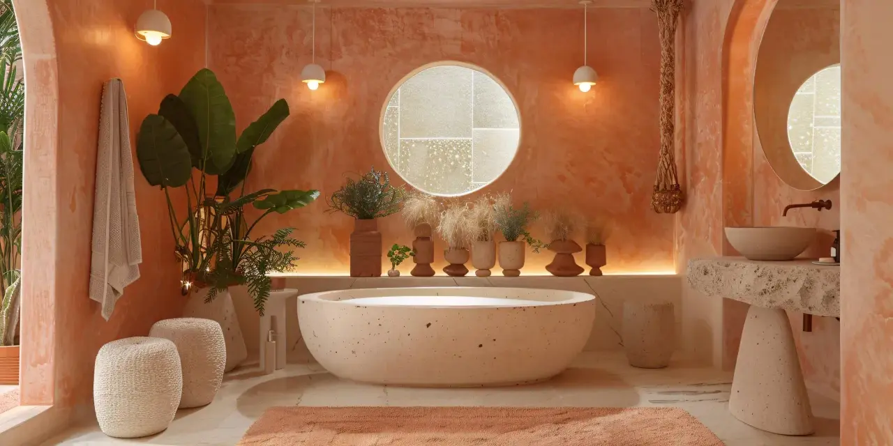 Une salle de bain aux teintes terracotta et beige, avec une baignoire ovale, un lavabo en pierre brute et des plantes luxuriantes.