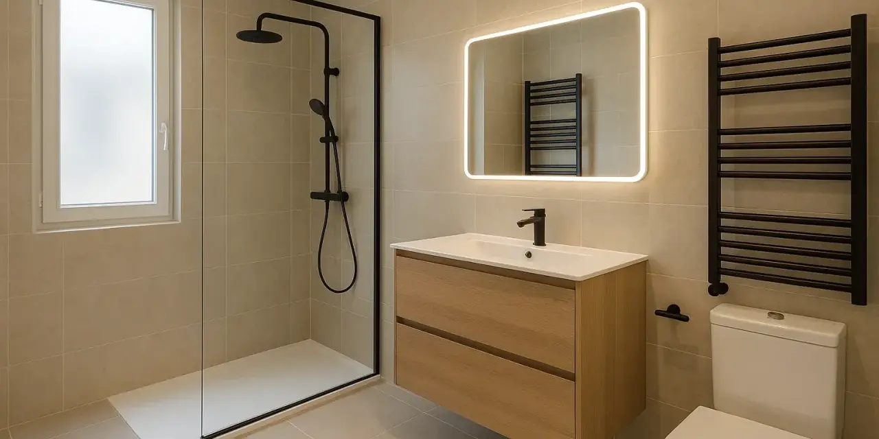 Salle de bain moderne avec douche à l'italienne, meuble vasque en bois, miroir lumineux et radiateur noir. Une belle idée salle de bain douche.