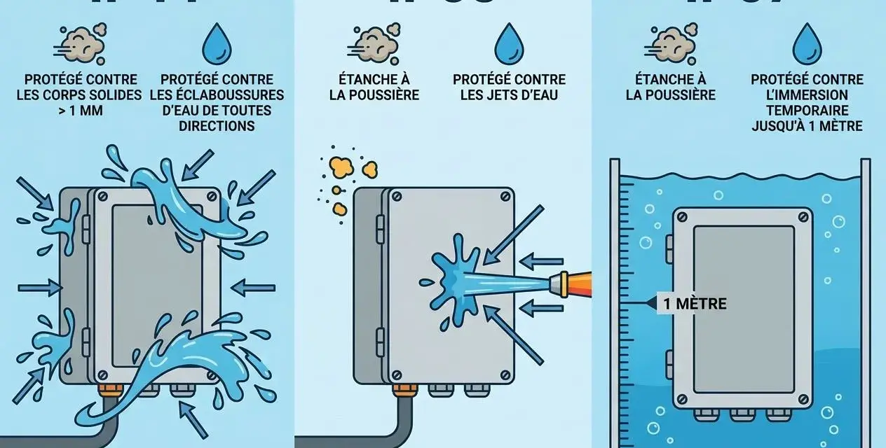 Illustration comparant les indices de protection IP44, IP65 et IP67. Idéal pour une salle de bain, l'IP67 protège contre l'immersion temporaire jusqu'à 1 mètre.