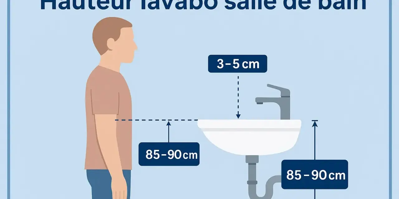 Illustration montrant la hauteur lavabo salle de bain idéale : 85-90 cm du sol au bord, et 3-5 cm entre le robinet et le lavabo.