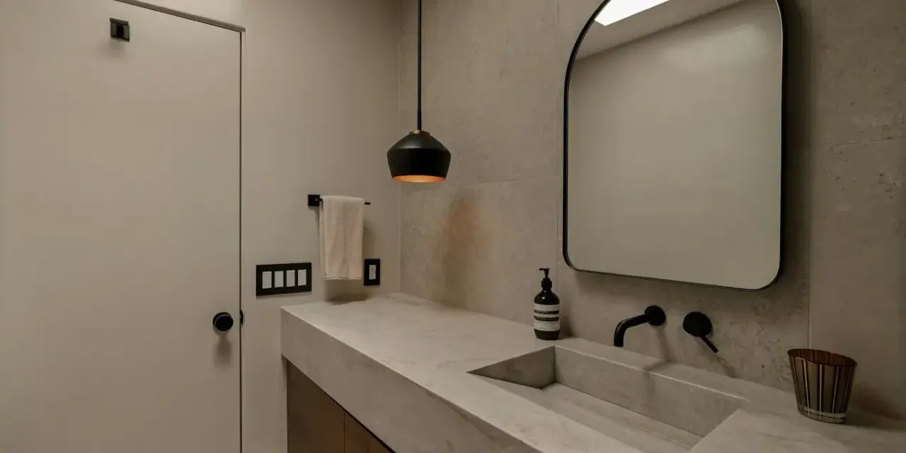 Élégante salle de bain en béton ciré avec un lavabo intégré, un miroir arrondi et un éclairage moderne.