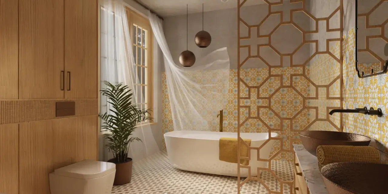 Élégante salle de bain style marocain avec baignoire, double vasque en cuivre, boiseries et carrelage ornemental.