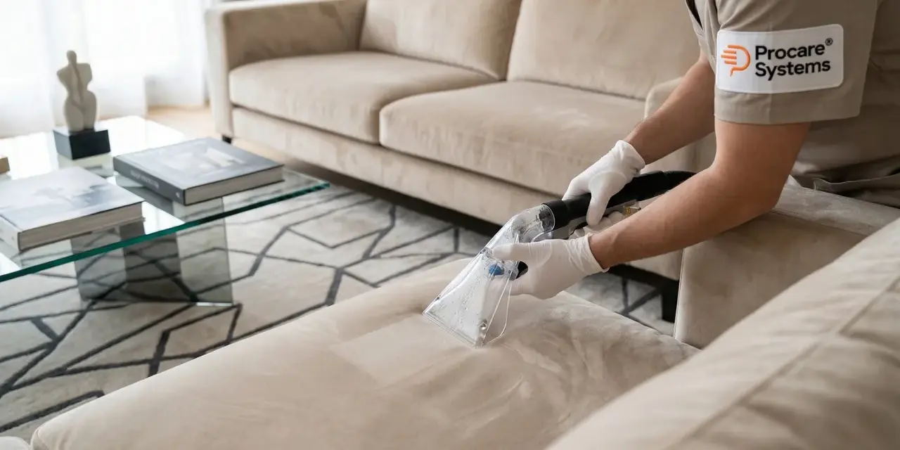 Nettoyage d'un canapé beige avec un appareil d'extraction, comme si l'on traitait du carrelage poreux pour enlever les taches.
