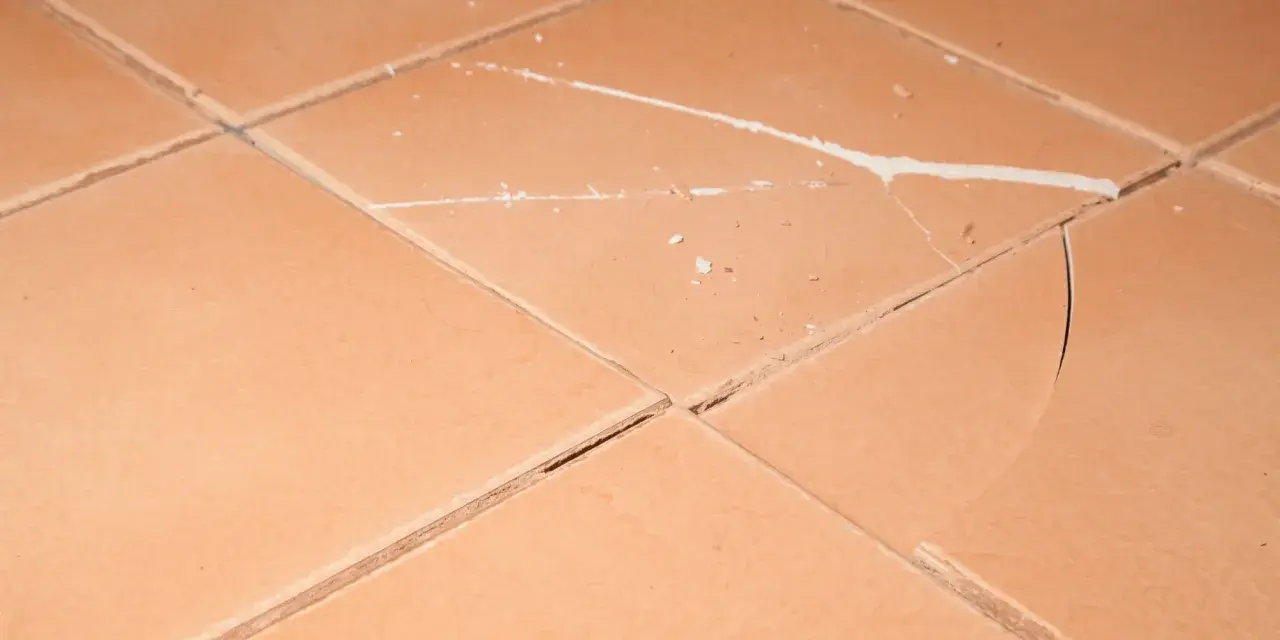 Carrelage mal posé, avec des carreaux fissurés et des joints irréguliers. Des éclats de matière blanche parsèment la surface.