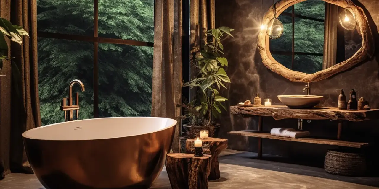 Baignoire cuivrée, lavabo en bois brut, et vue sur la forêt. Une **salle de bain zen** pour se ressourcer.