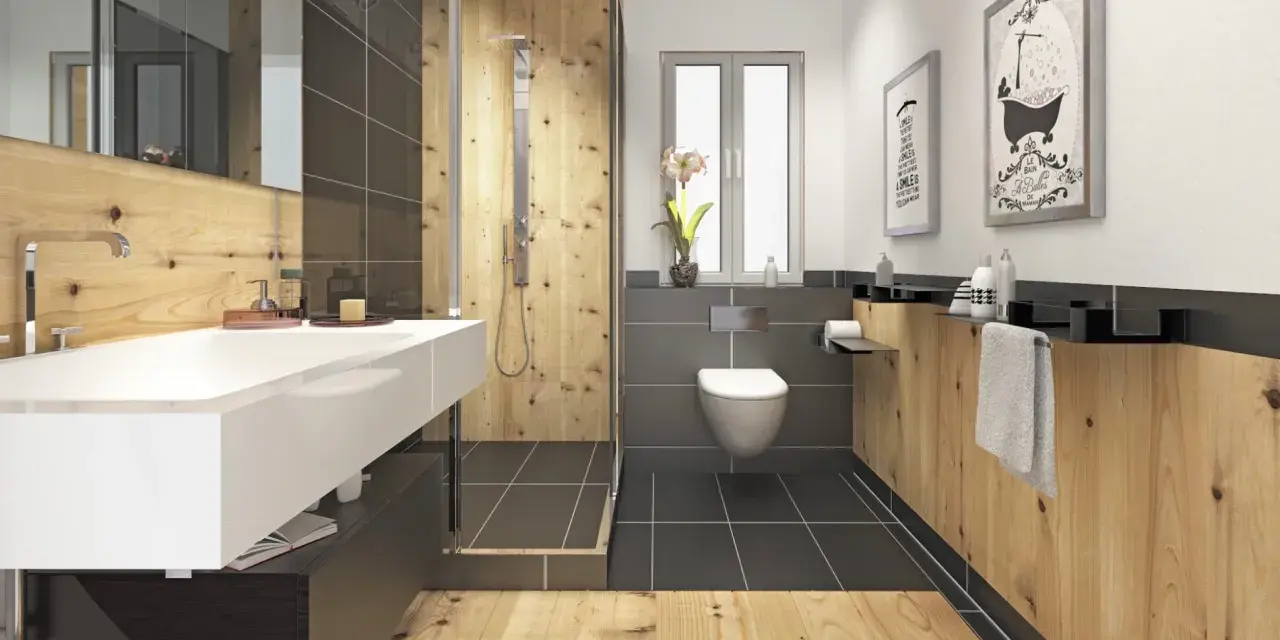 Salle de bain moderne avec murs en bois chaleureux, douche à l'italienne, lavabo suspendu et WC. L'ambiance naturelle du bois pour salle de bain invite à la détente.