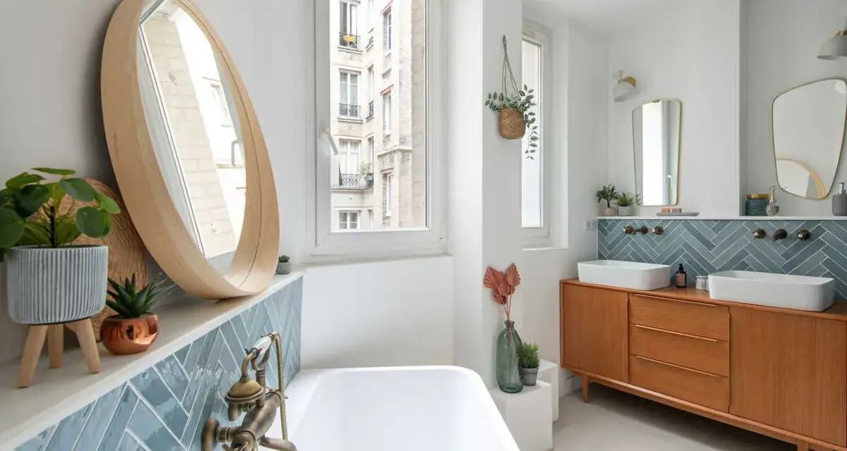Élégante salle de bain moderne avec baignoire, double vasque sur meuble vintage et carrelage bleu en chevrons.