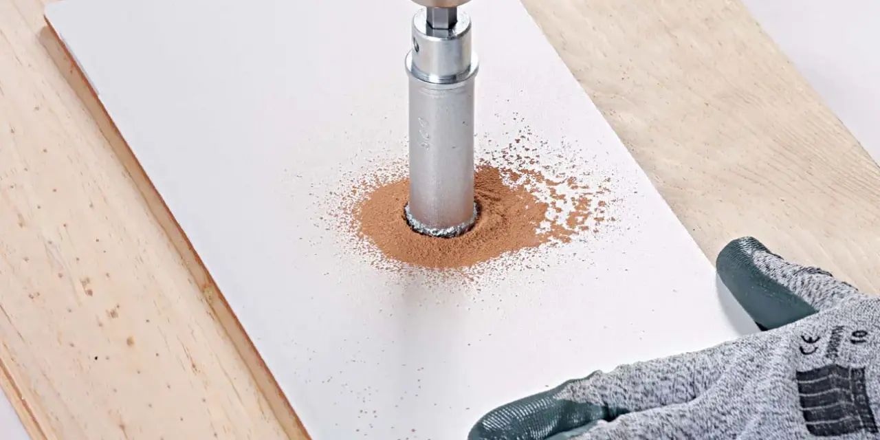 Une perceuse avec une couronne diamantée réalise une découpe carrelage, créant un nuage de poussière fine sur une plaque blanche.