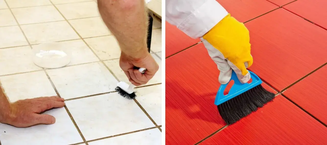 Nettoyer carrelage après joint : une main frotte les joints d'un carrelage clair, tandis qu'une autre brosse un carrelage rouge vif.