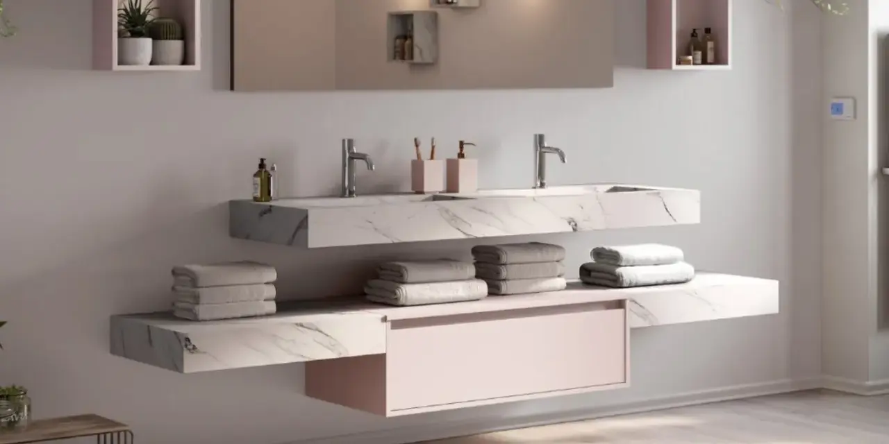 Salle de bain moderne avec double vasque en **solid surface** marbré, rangements suspendus et serviettes douces.