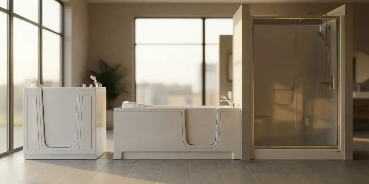 Deux baignoires à porte modernes, une avec une entrée plus large. Les inconvénients potentiels incluent l'espace occupé et le temps de remplissage.
