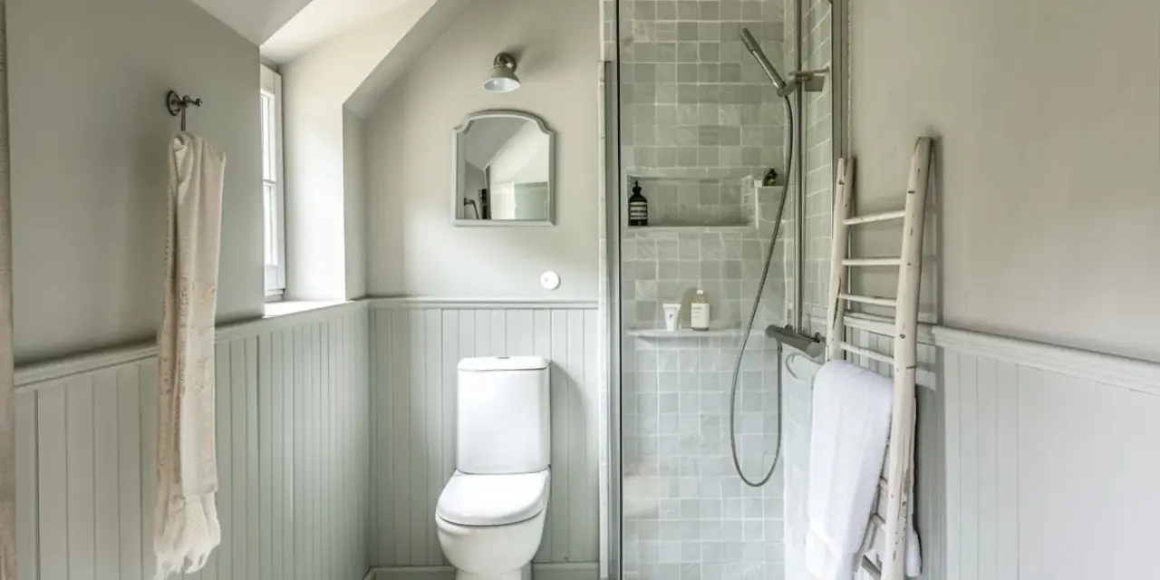 Plan salle de bain en longueur avec douche, WC et échelle décorative.