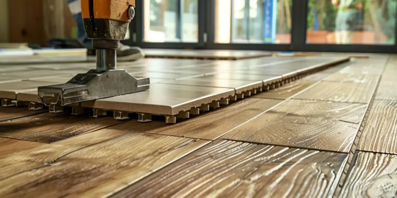 Pose d'un carrelage sur un parquet. Un outil aide à coller le carrelage sur bois, créant une nouvelle surface.