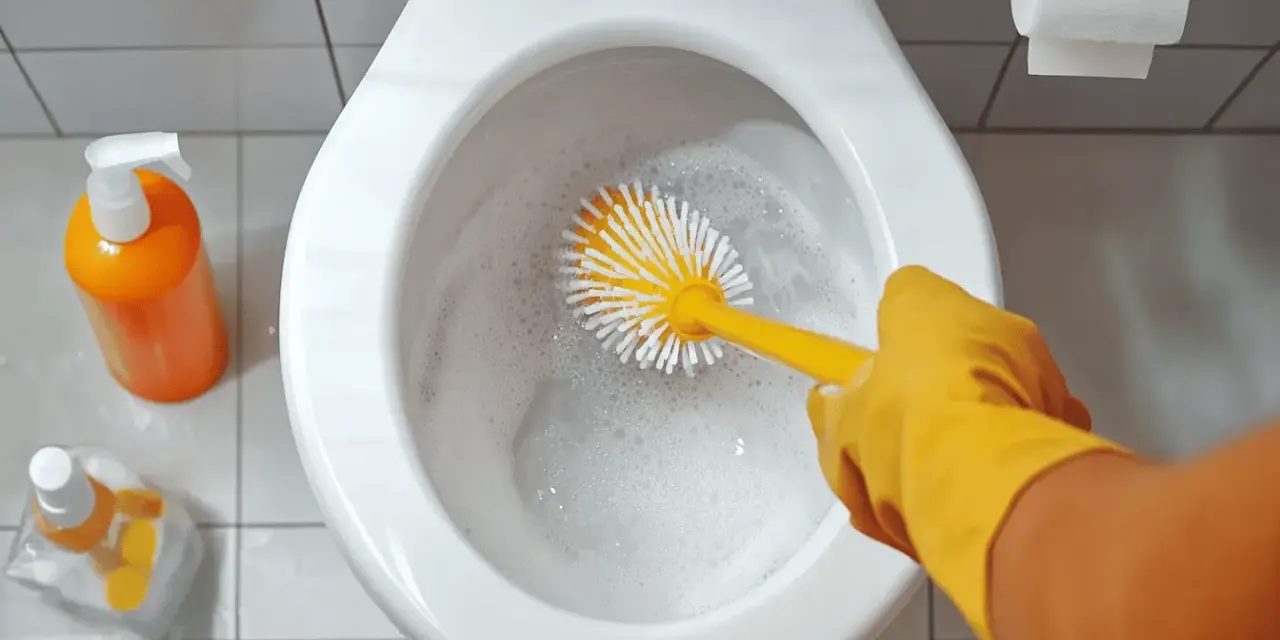 Nettoyage des toilettes avec une brosse et un produit à base d'acide citrique.