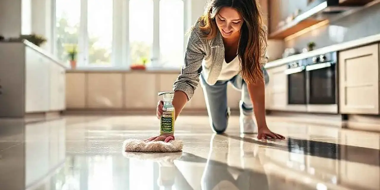 Une femme nettoie son carrelage de cuisine avec un produit pour le faire briller. Le sol reflète la lumière des fenêtres.