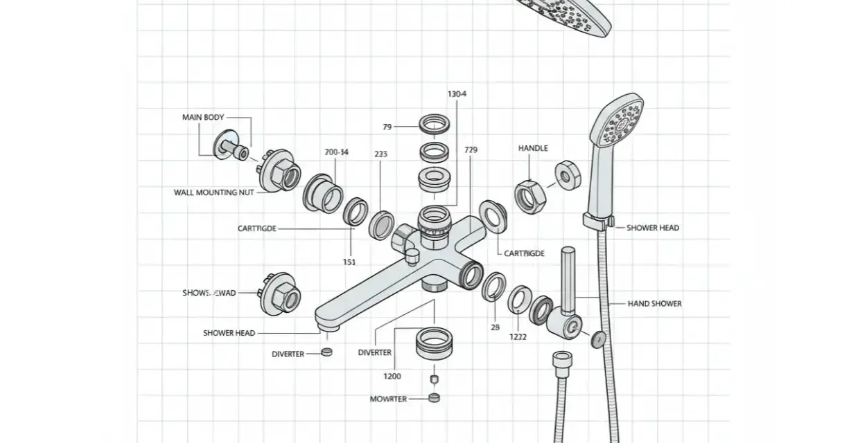 Schéma éclaté d'un mitigeur de douche, utile pour changer les pièces ou le mitigeur douche entier.