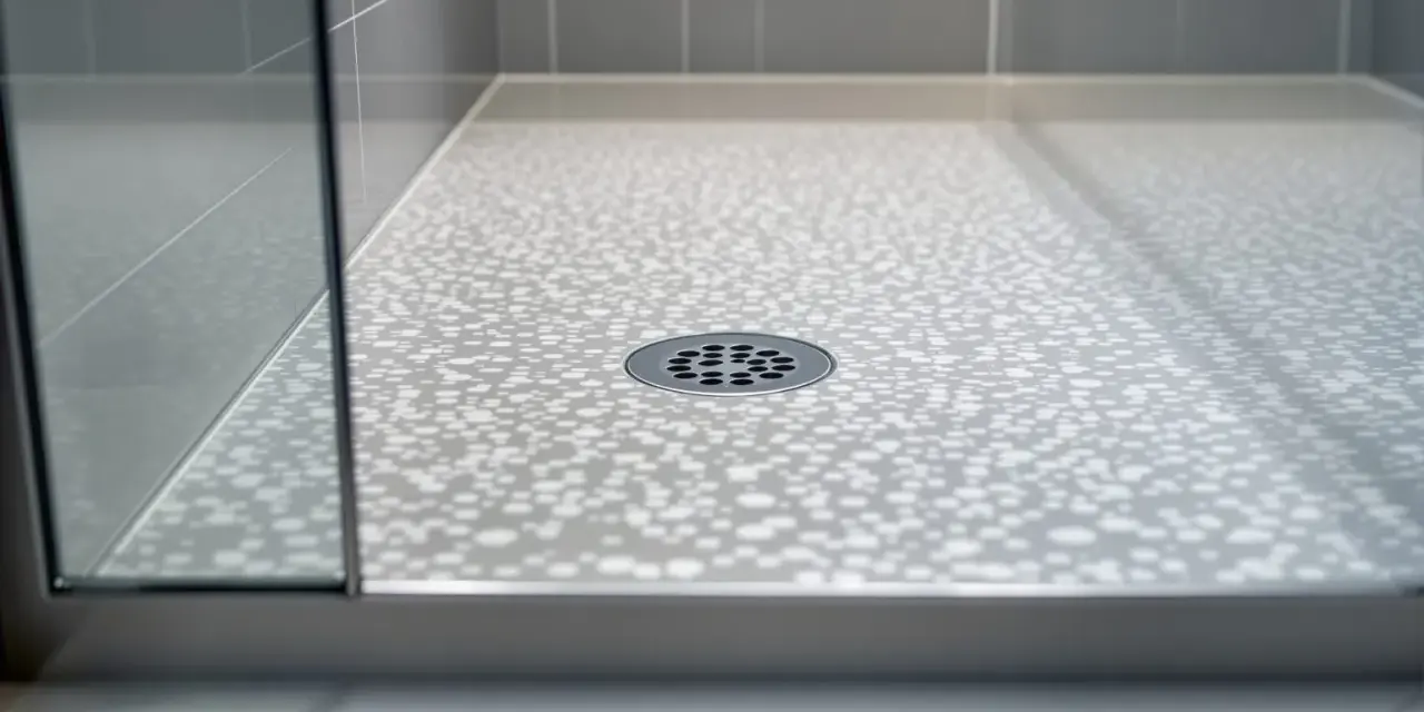 Bac de douche moderne avec motif de bulles et grille d'évacuation. La paroi vitrée reflète la lumière.