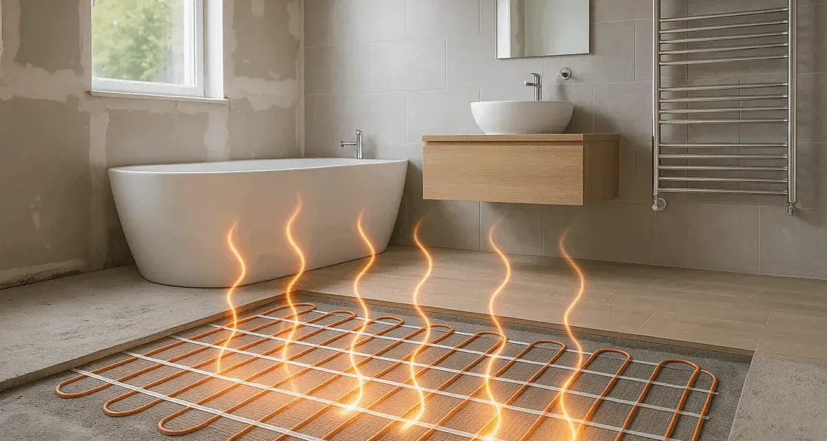 Installation d'un système de chauffage au sol dans une salle de bain moderne. Des tubes orange sont posés sur le béton, prêts à diffuser une chaleur confortable.