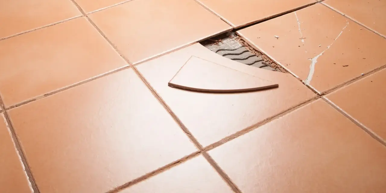 Carrelage orange avec une tuile cassée et un éclat à réparer.