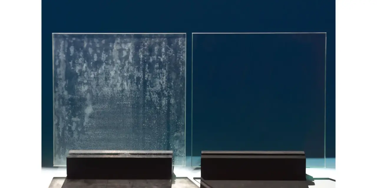 Comparaison de deux parois de douche : l'une est recouverte de dépôts calcaires incrustés, l'autre est parfaitement propre et transparente.