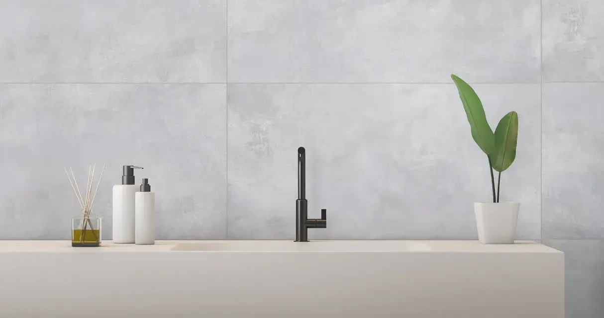 Évier moderne avec robinetterie noire, flacons de savon et plante verte, sur un mur en carrelage rectifié gris.