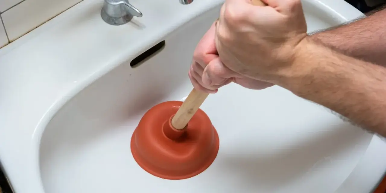 Main tenant utilise une ventouse pour déboucher un lavabo bouché.