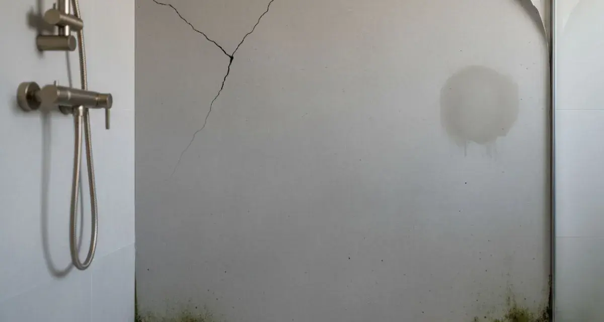 Panneau mural de douche fissuré, taché et moisi, illustrant les inconvénients de ce type de revêtement.