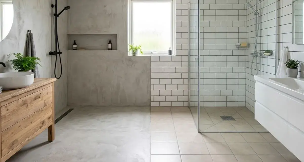 Salle de bain moderne avec sol en béton ciré ou résine d'un côté, et carrelage de l'autre. Douche vitrée, meuble vasque en bois.