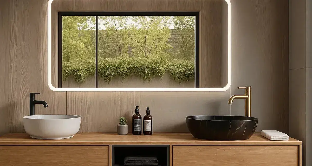 Élégante salle de bain feng shui avec deux vasques, robinetterie dorée et noire, et un miroir lumineux reflétant la verdure extérieure.