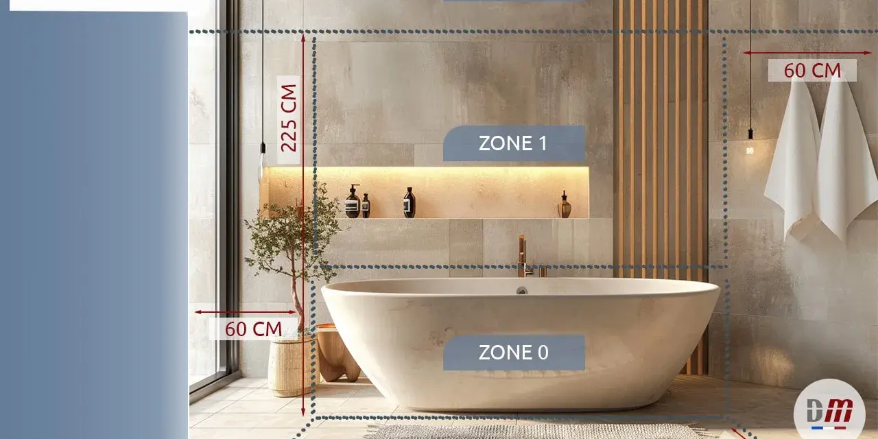 Salle de bain moderne avec baignoire. Schéma des zones de sécurité électrique, incluant le différentiel électrique.