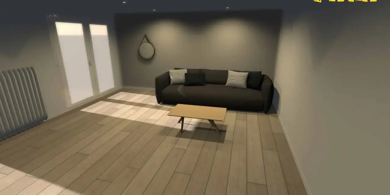 Posez votre carrelage dans le sens de la lumière pour agrandir visuellement la pièce. Un salon moderne avec canapé, table basse et parquet clair.