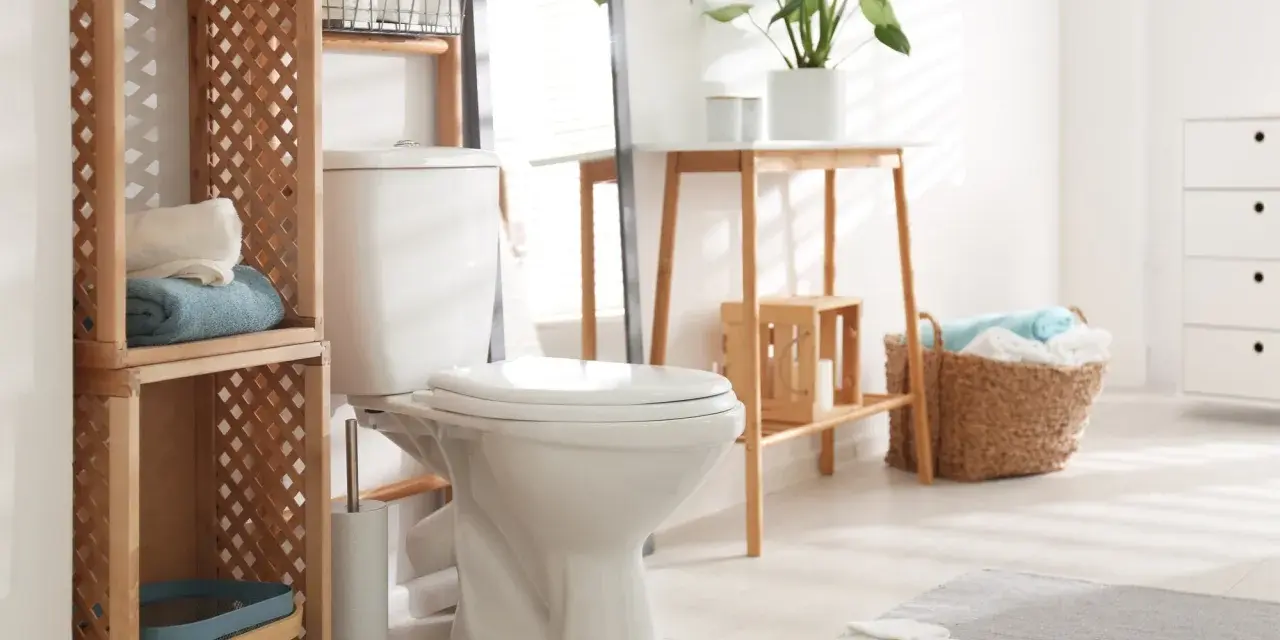 Toilette moderne et épurée, avec étagères en bois, paniers de linge et plantes vertes. Un style toilette invitant et fonctionnel.