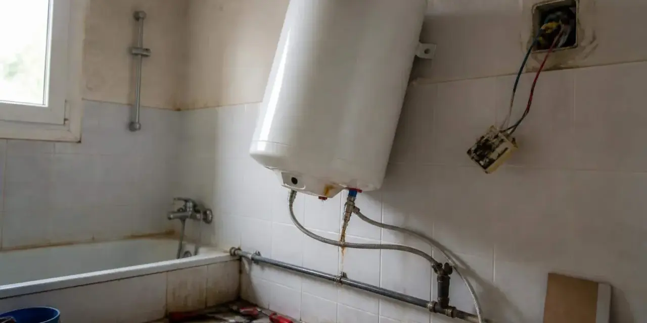 Un chauffe-eau blanc est en cours de branchement dans une salle de bain. Des outils sont posés sur le sol.