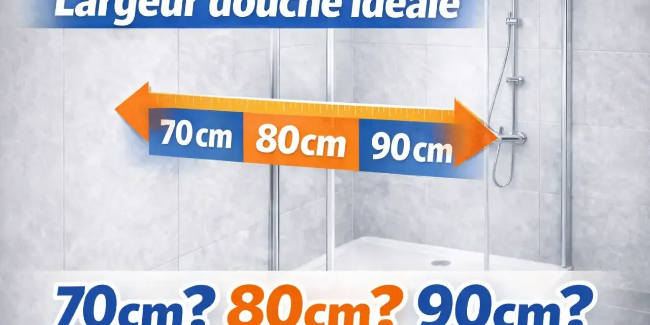 Largeur douche idéale : 70cm, 80cm, 90cm ? Une flèche indique les différentes dimensions possibles pour votre espace douche.