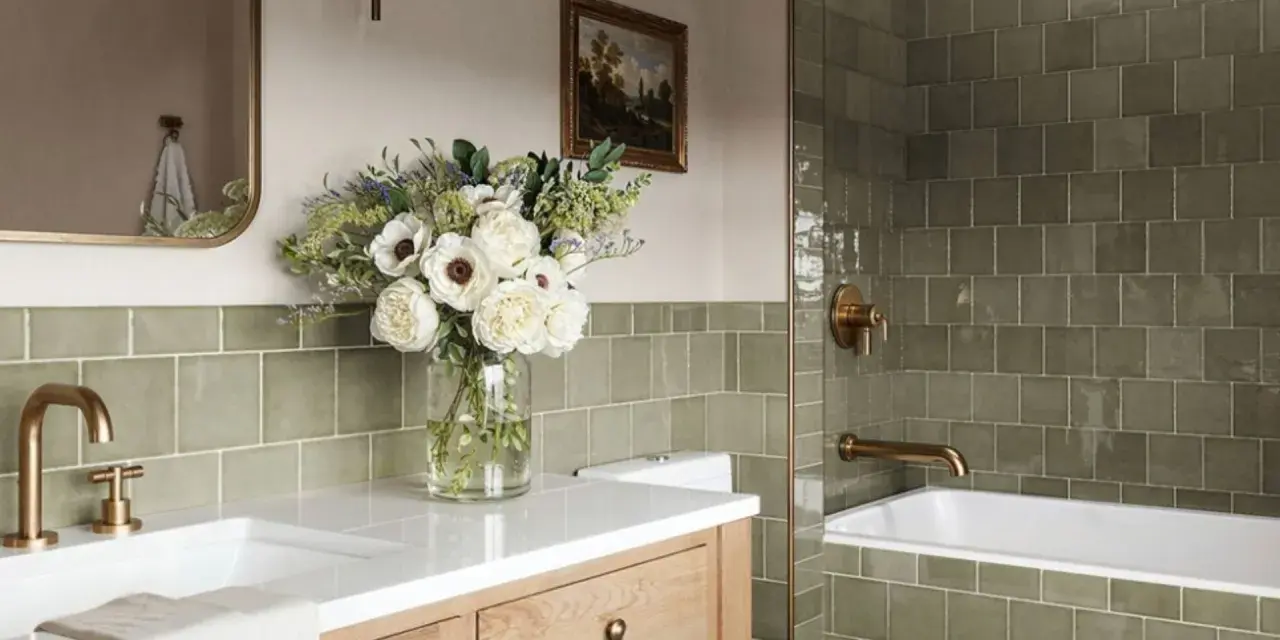 Élégante salle de bain verte avec carrelage texturé, vasque en bois, bouquet de fleurs blanches et robinetterie dorée.