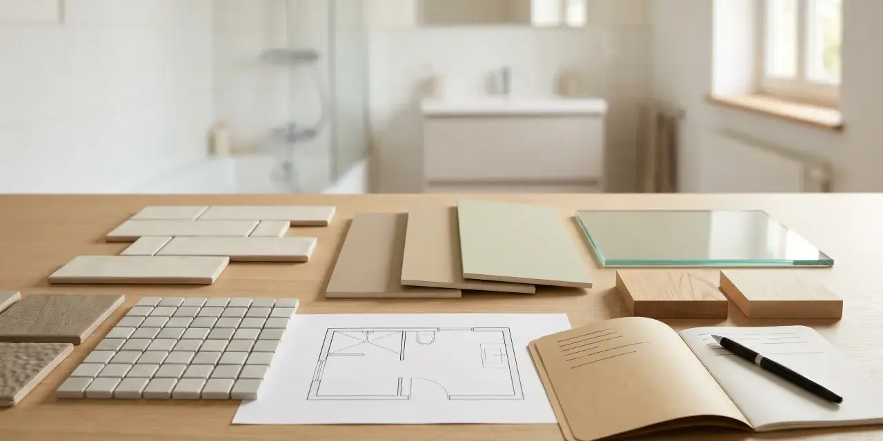 Échantillons de carrelage, plans et matériaux pour refaire une salle de bain budget.