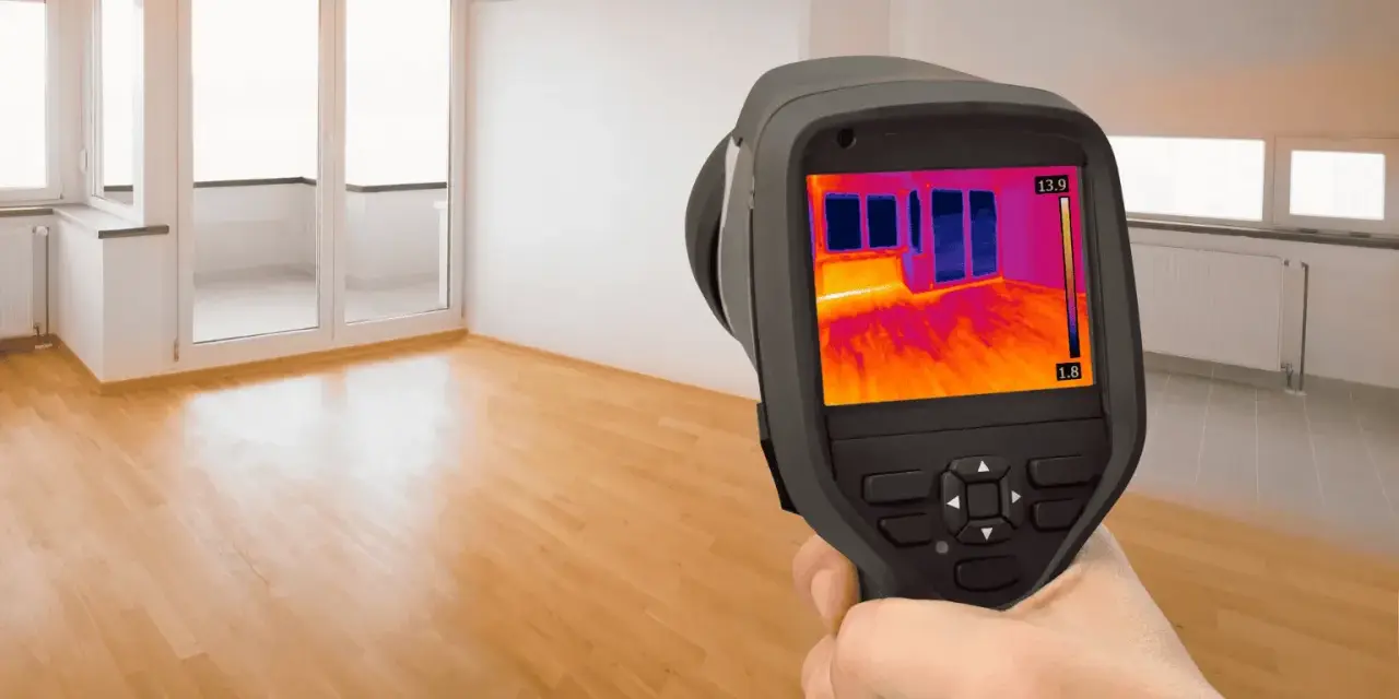 Caméra thermique utilisée pour comment detecter une fuite d'eau sous un carrelage. L'écran montre des variations de température, indiquant une potentielle humidité.