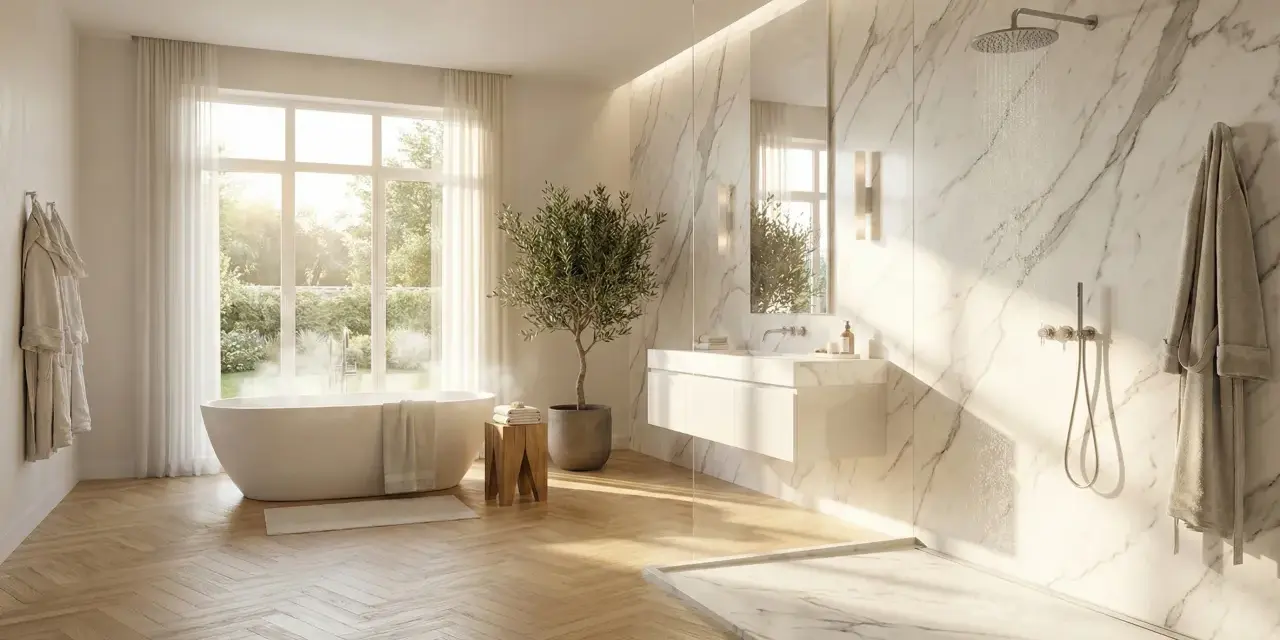 Salle de bain lumineuse avec baignoire îlot, douche à l'italienne en marbre et un sol en parquet clair.