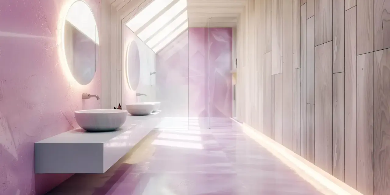 Salle de bain moderne aux murs roses texturés et au sol brillant. La **hauteur frise salle de bain** est soulignée par des miroirs ronds lumineux et une paroi de douche en verre.