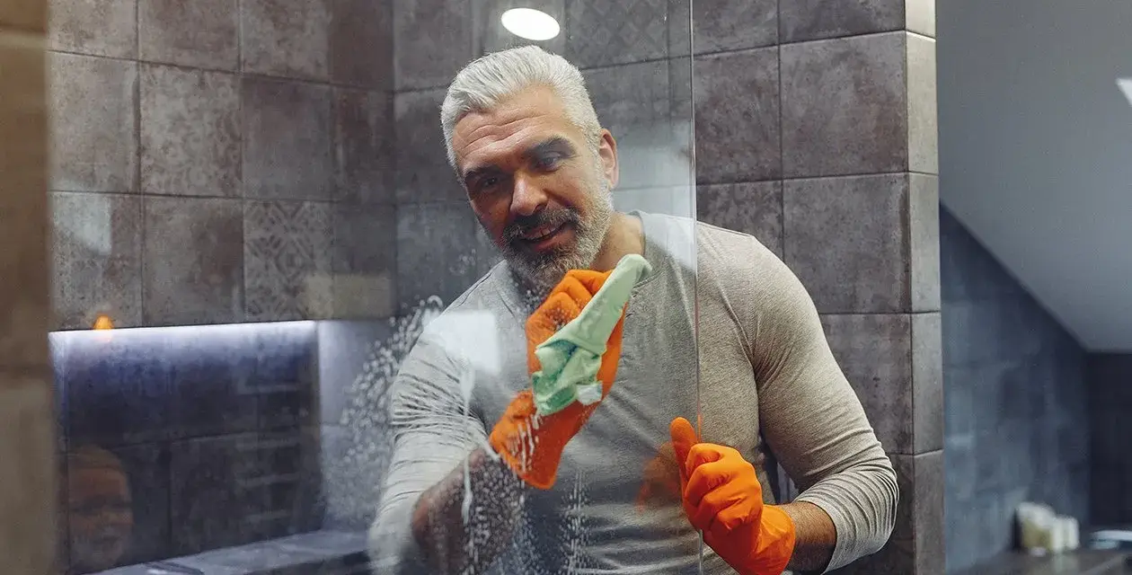 Un homme aux cheveux gris, portant des gants orange, nettoie une paroi de douche en plexiglas avec une éponge savonneuse.