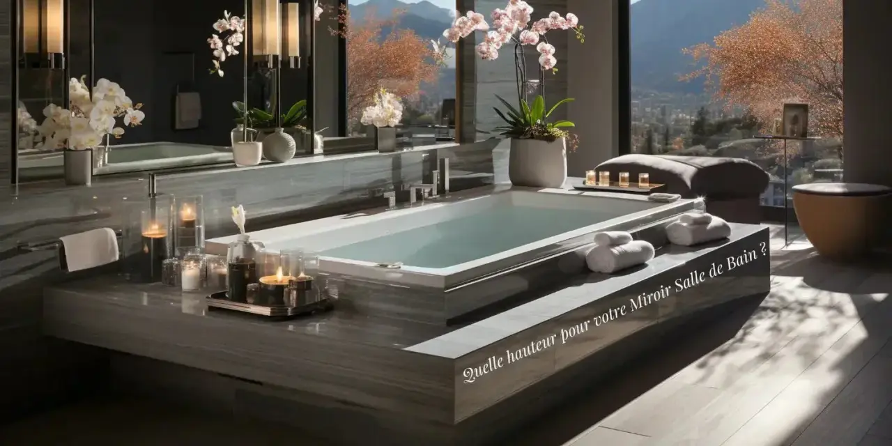 Salle de bain luxueuse avec baignoire, orchidées et vue panoramique. La question "Quelle hauteur pour votre miroir Salle de Bain ?" est inscrite.